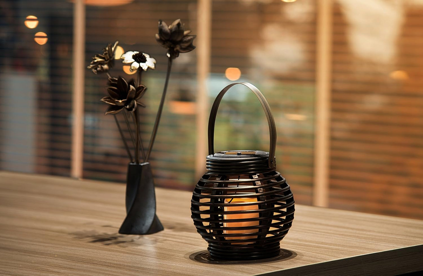 Spear and Jackson Rattan Solar Lantern with Flickering Amber Flame