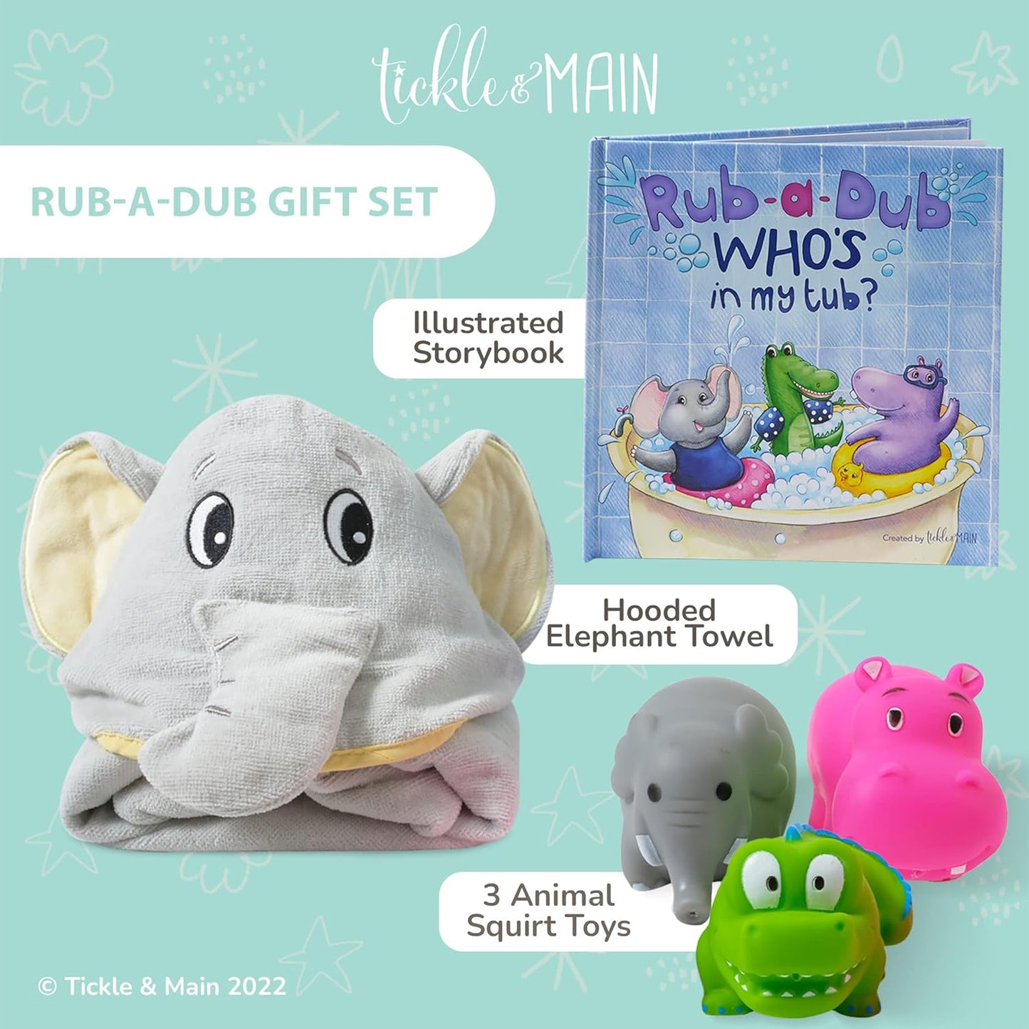 Tickle & Main Rub-a-Dub 5-Piece Bath Set with Elephant Towel & Safari Toys