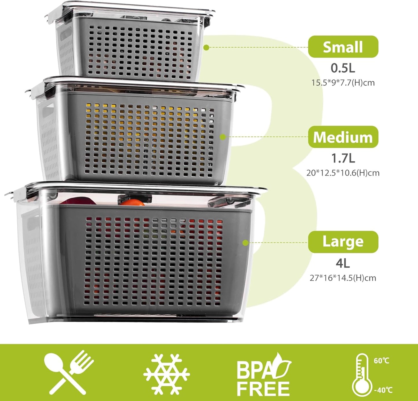 Luxear 3-Pack Fresh Food Storage Containers for Fridge - BPA-Free with Vents for Fruits & Vegetables