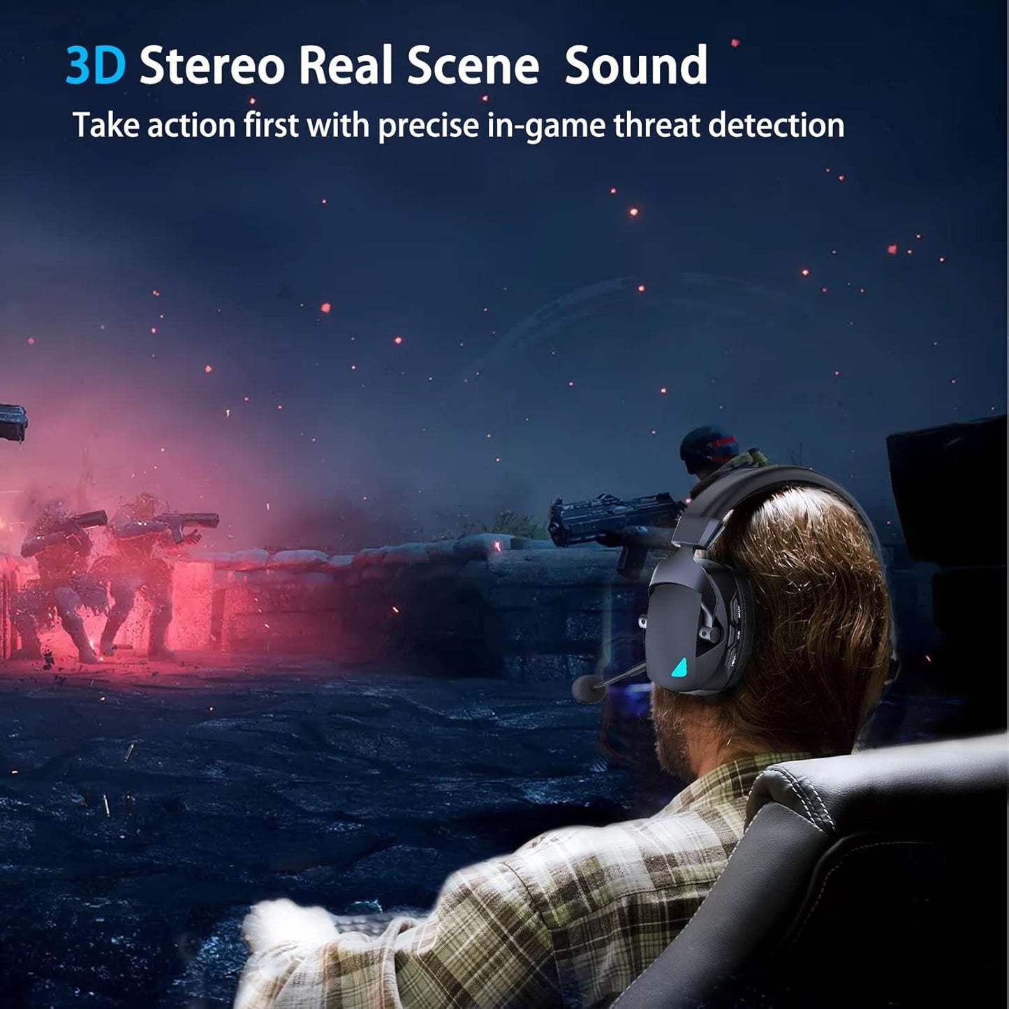 Wireless Gaming Headset, 2.4GHz USB, Bluetooth 5.3, Noise-Cancelling Mic
