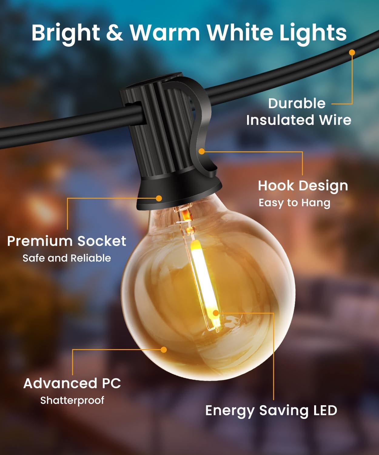 Seklin 20M Outdoor String Lights – 30+3 LED Shatterproof Waterproof Lights for Garden & Party