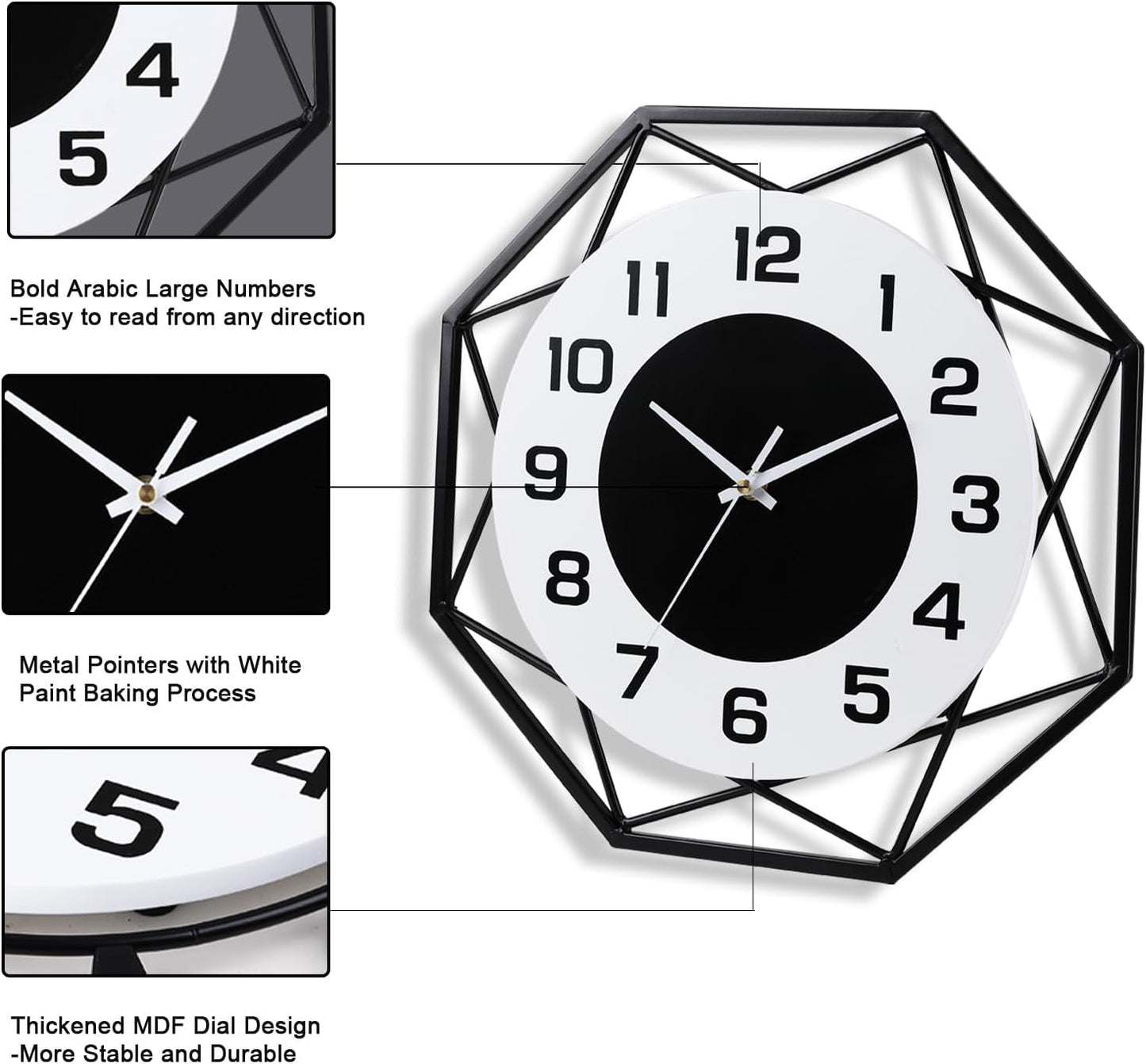 Modern Metal Large Wall Clock - Silent, Non-Ticking, Battery Operated