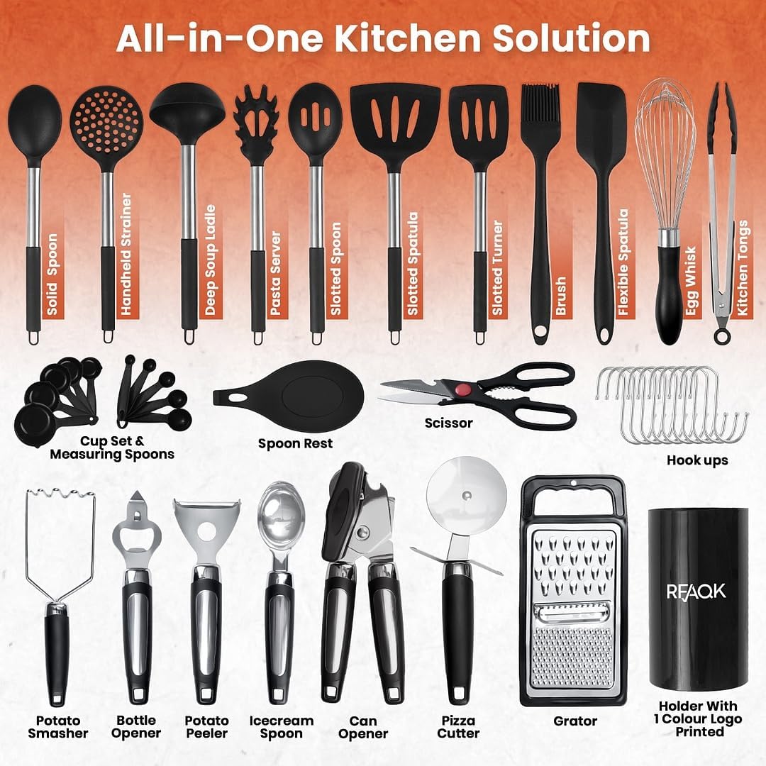 RFAQK 40PC Silicone Kitchen Utensils Set with Holder – Heat Resistant & BPA Free