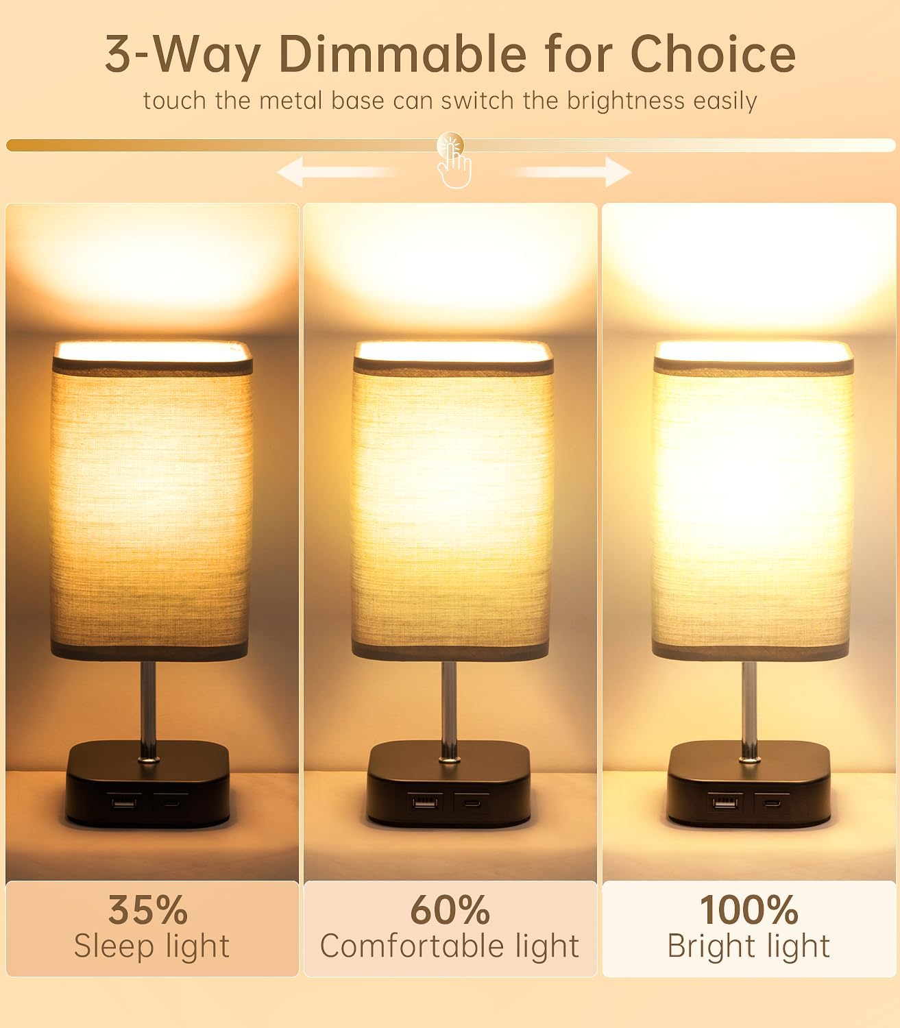 Table Touch Bedside Lamp – Rechargeable, 3-Way Dimmable with USB Charging Ports