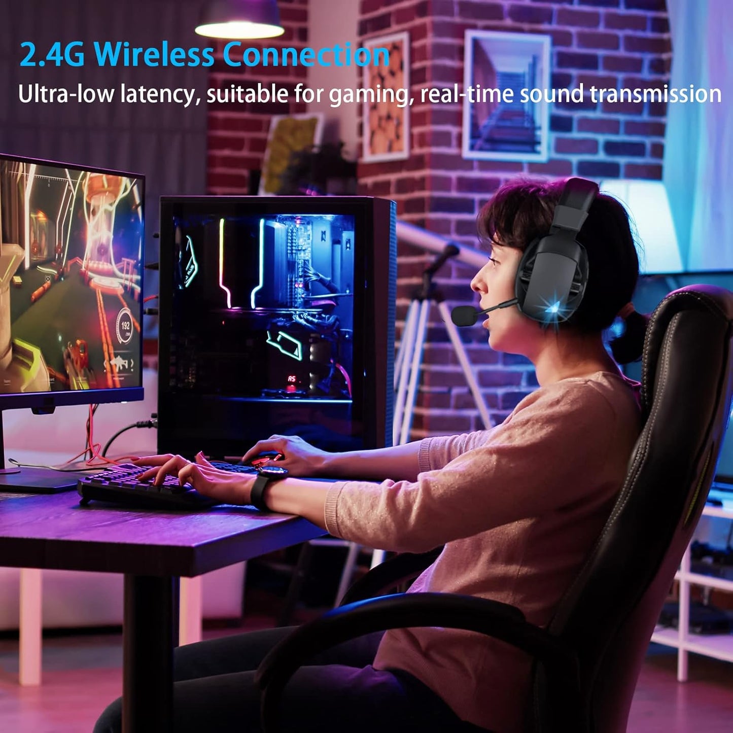 Wireless Gaming Headset, 2.4GHz USB, Bluetooth 5.3, Noise-Cancelling Mic