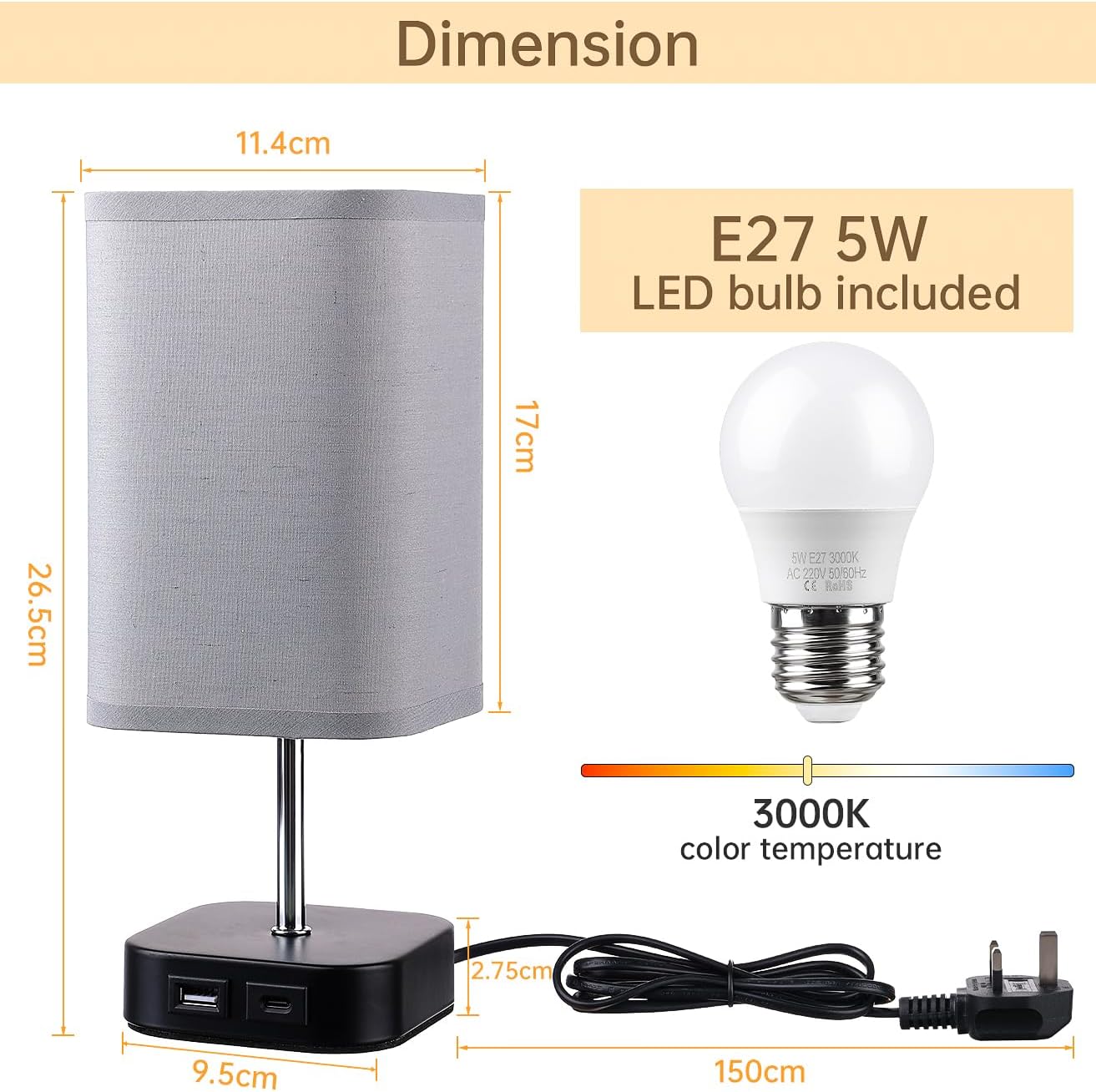 Table Touch Bedside Lamp – Rechargeable, 3-Way Dimmable with USB Charging Ports