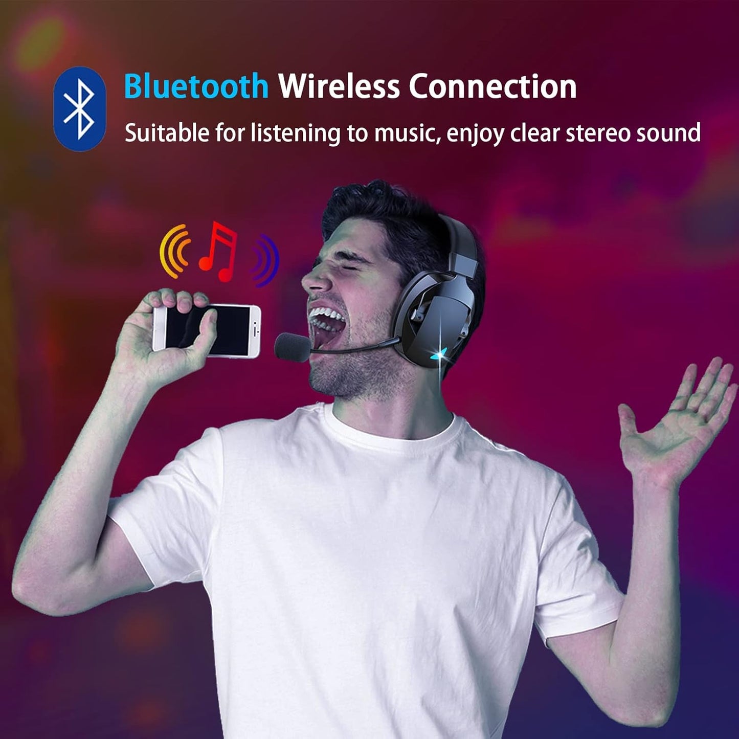 Wireless Gaming Headset, 2.4GHz USB, Bluetooth 5.3, Noise-Cancelling Mic