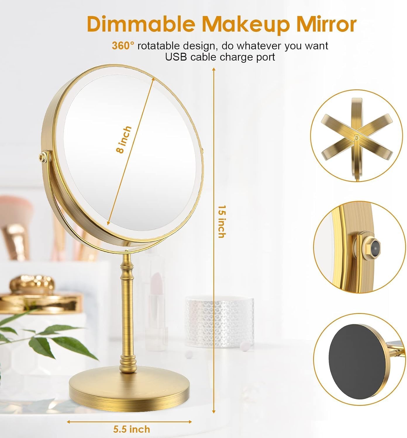 Rechargeable 8" Lighted Makeup Mirror – 1x/10x Magnification, 3 Colors & Touch Control