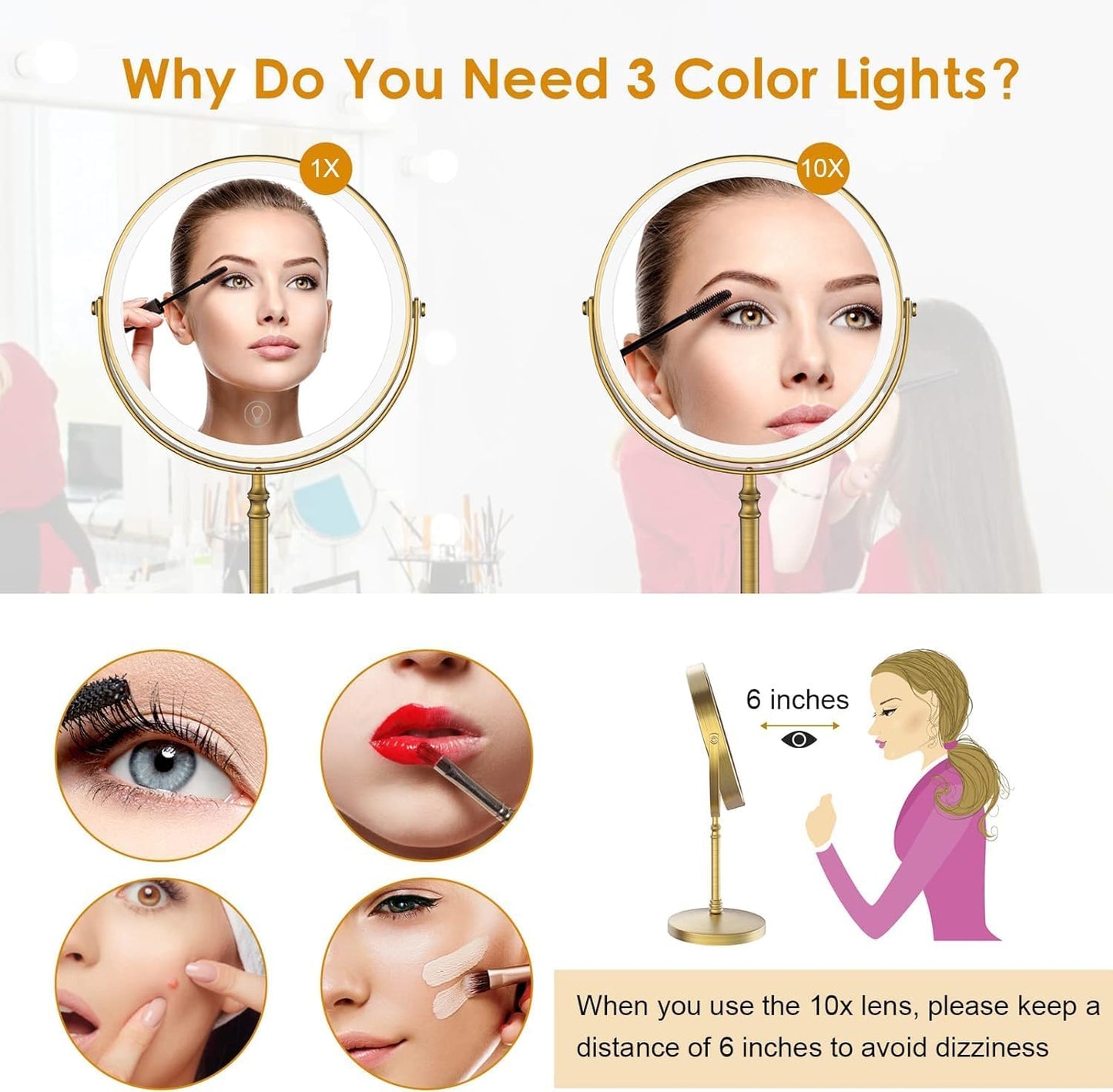 Rechargeable 8" Lighted Makeup Mirror – 1x/10x Magnification, 3 Colors & Touch Control
