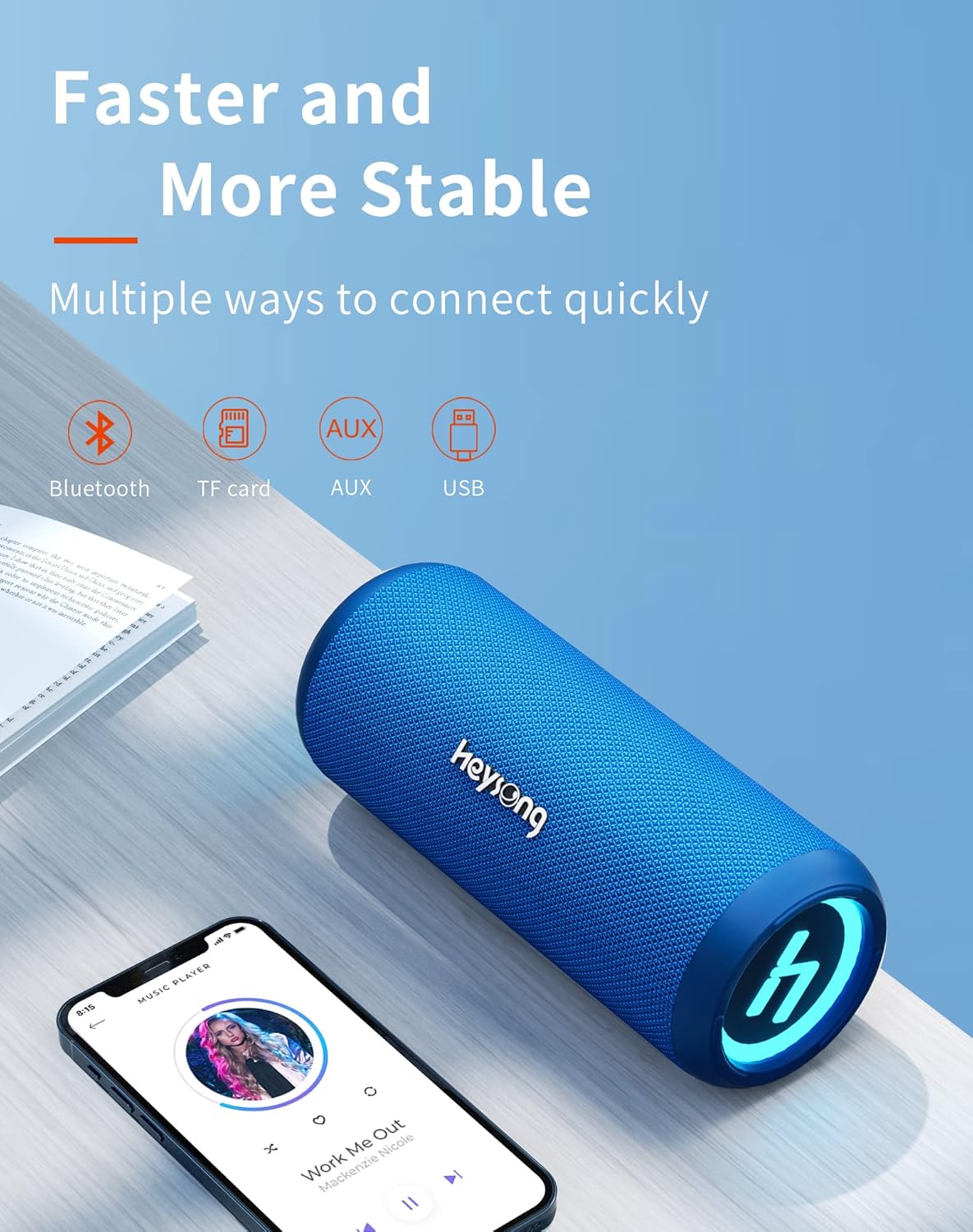 HEYSONG Bluetooth Speaker – Waterproof, 20W Sound, LED Lights, TF Card & USB Playback, Perfect for Outdoor Adventures