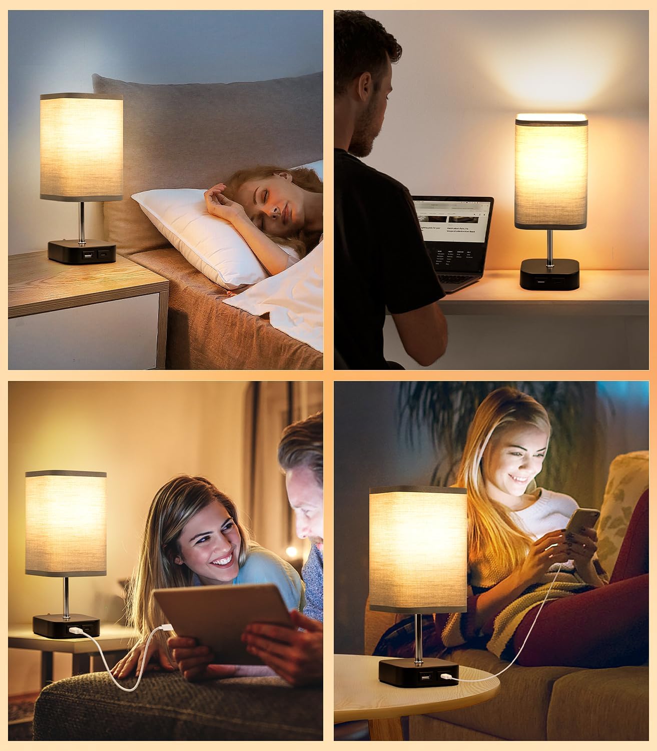 Table Touch Bedside Lamp – Rechargeable, 3-Way Dimmable with USB Charging Ports