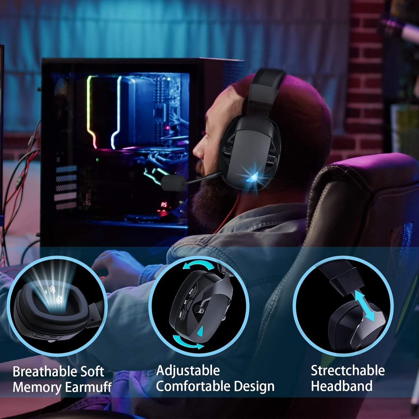 Wireless Gaming Headset, 2.4GHz USB, Bluetooth 5.3, Noise-Cancelling Mic