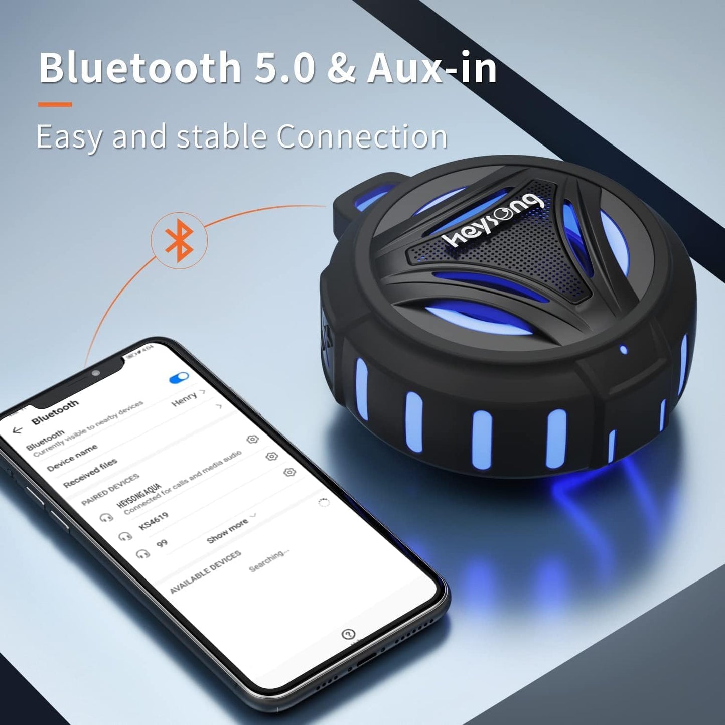 HEYSONG Waterproof Bluetooth Speaker | 36H Playtime, LED Lights, Deep Bass, IP67