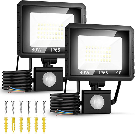 FGRYB 2Pcs 30W LED Motion Sensor Security Lights - IP65 Waterproof Outdoor Floodlight