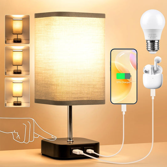 Table Touch Bedside Lamp – Rechargeable, 3-Way Dimmable with USB Charging Ports