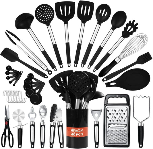 RFAQK 40PC Silicone Kitchen Utensils Set with Holder – Heat Resistant & BPA Free