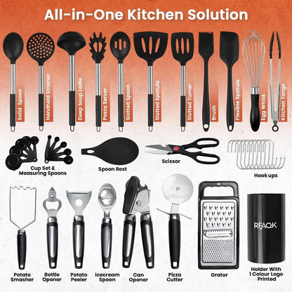 RFAQK 40PC Silicone Kitchen Utensils Set with Holder – Heat Resistant & BPA Free