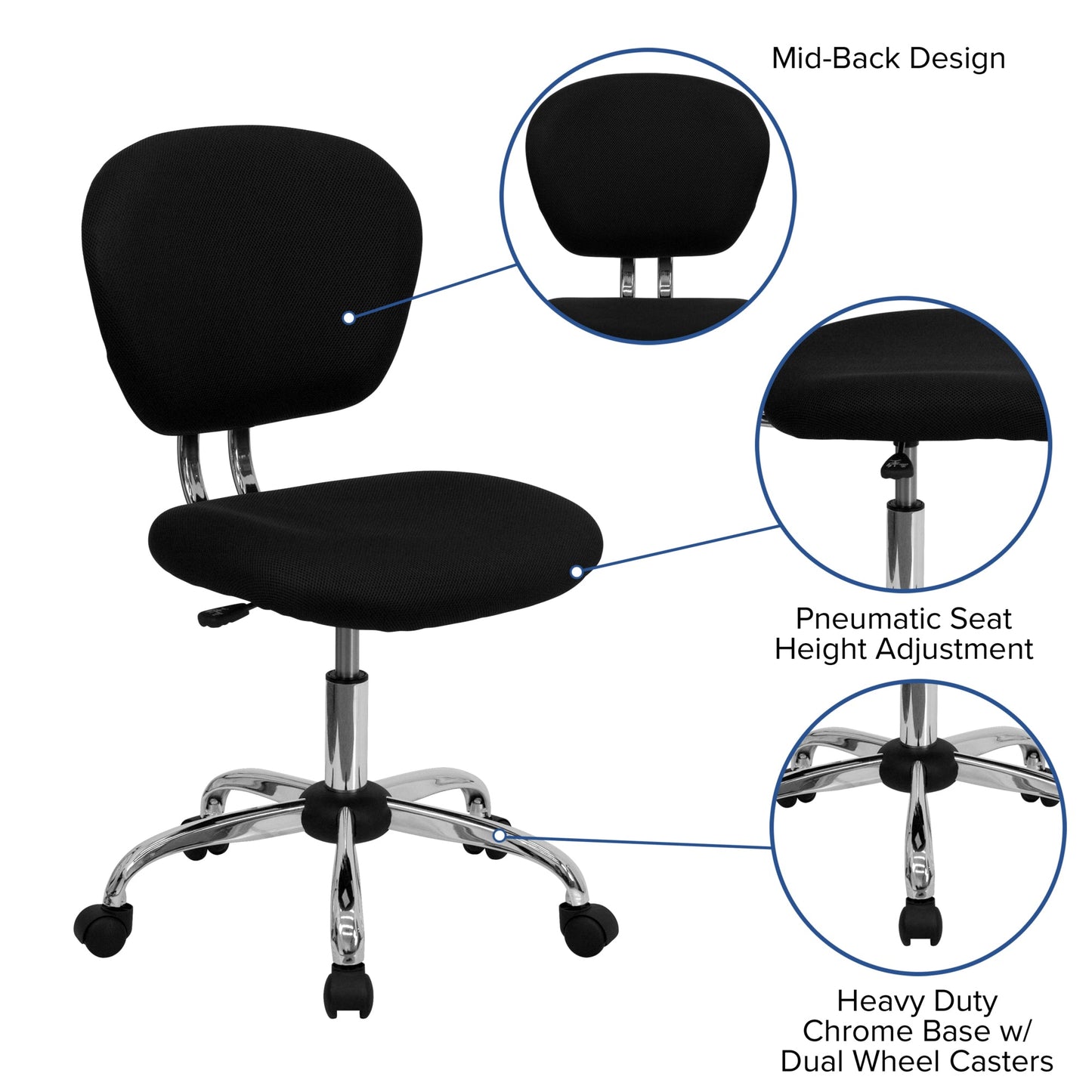 Mid-Back Black Mesh Padded Task Office Chair