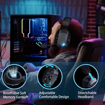 Wireless Gaming Headset, 2.4GHz USB, Bluetooth 5.3, Noise-Cancelling Mic